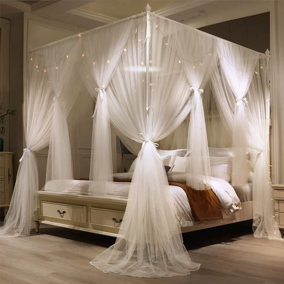 4 Corners Princess Bed Curtain Double Layer Cozy Drape Netting 4 Opening Mosquito Net For & Adults Bedroom Decoration Accessories (double White 59" W*82" L*82"*h/(queen))