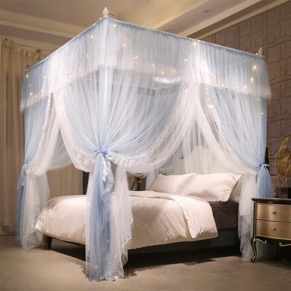 4 Corners Ruffle Princess Bed Curtain-double Layer Cozy Drape Netting 4 Opening Mosquito Net For Adults Bedroom Decoration (gray/white 47" W*78" L*82" H/)