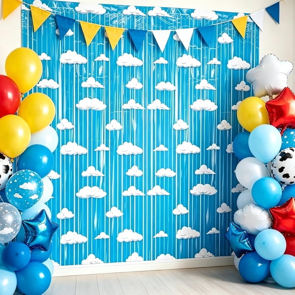 4 Count Blue Sky White Clouds Metallic Foil Fringe Tinsel Curtain Backdrop for Kids Cartoon Story Birthday Baby Shower Party Decorations