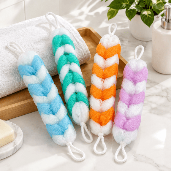4-Count Shower Loofah Scrubbers, 32 Inch Stretched Length, Recyclable Material