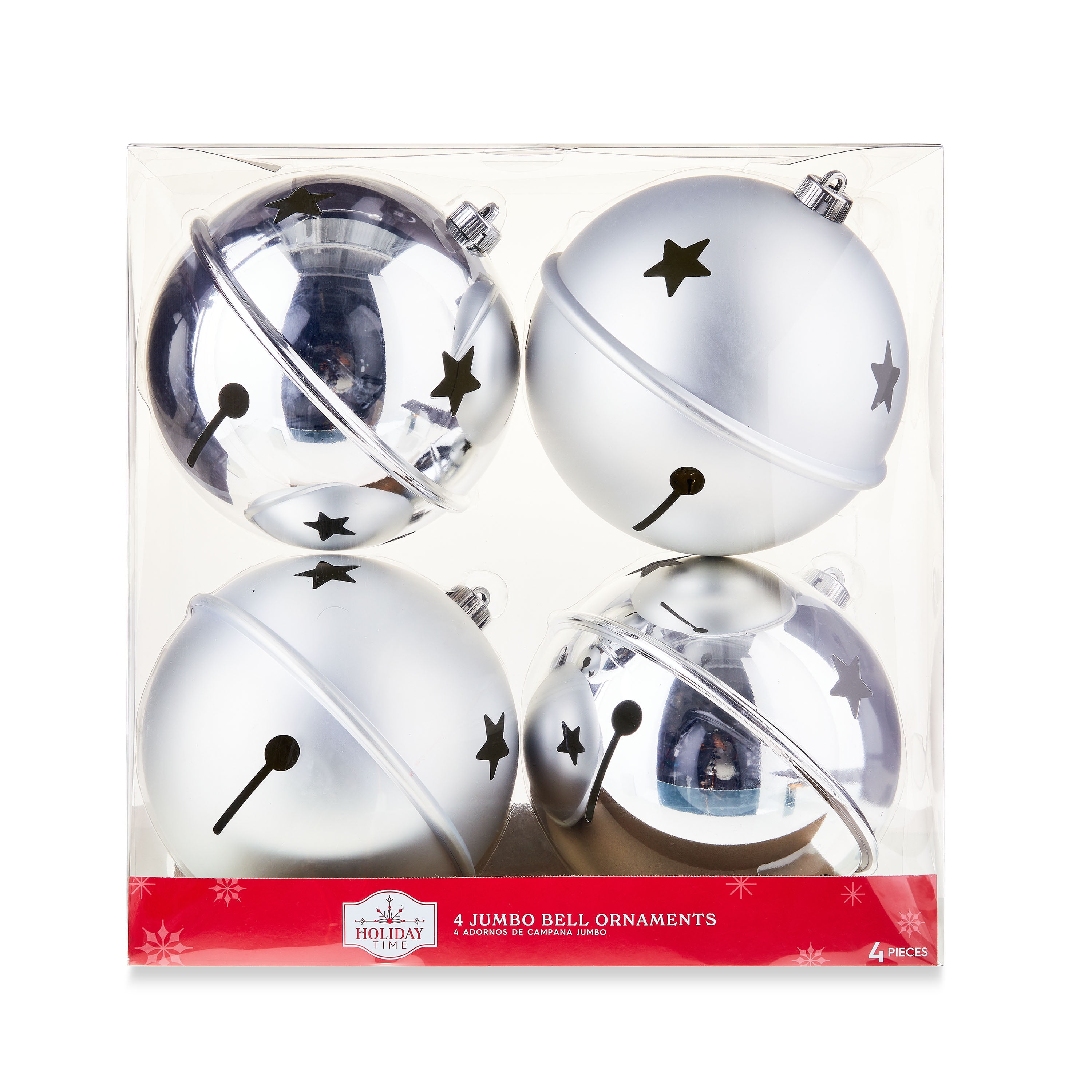 4Count Silver Jumbo Bell Shatterproof Christmas Ornaments, Holiday