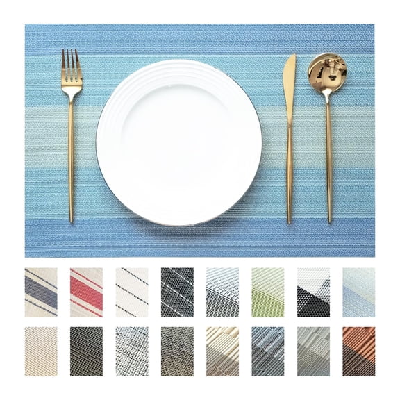 4-Count Vinyl Placemats, Woven Plastic Table Mats for Kitchen Counter Outdoor Picnic, Washable Wipeable Lightweight, Modern Ocean Geode Print, Blue