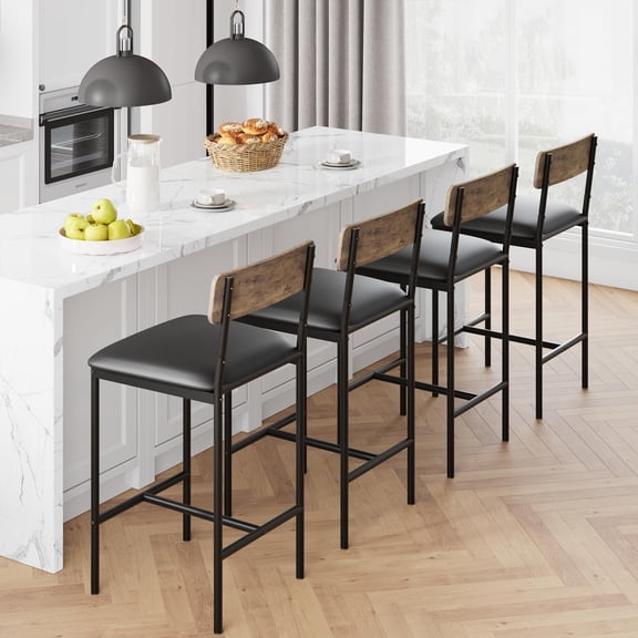 4 Counter Height Bar Stools: 25.5" Upholstered w/ Footrest + Back - for Bar/Island, Rustic Brown, Easy Assembly