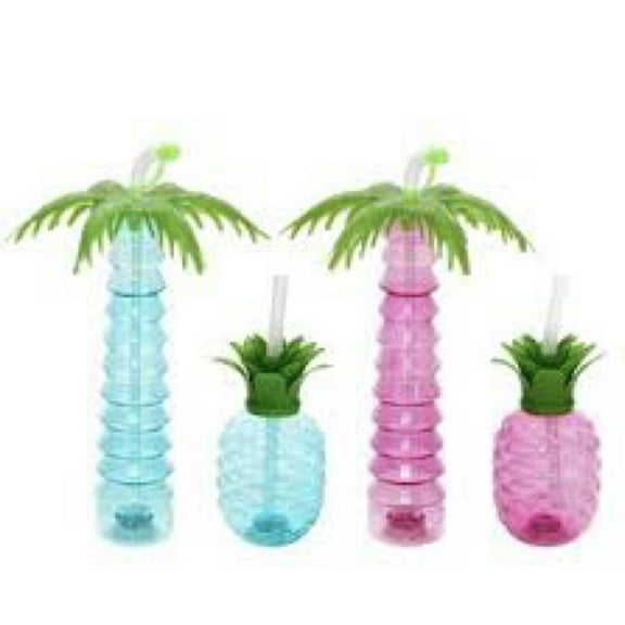 (4 Counts) HTL BPA-Free Palm Tree and Pineapple Shaped LED Light Up Tumblers with Straws, Luau Yard Party Cups with Lids, for Margaritas, Cold or Frozen Drinks, Kids Fun Summer 17-oz & 22-oz