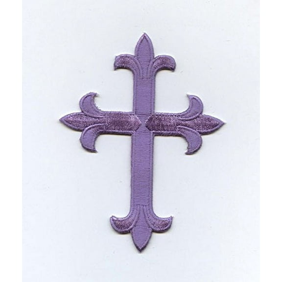 4" Cross - Lavender - Fleur De Lis Religious - Iron on Embroidered Applique Patch