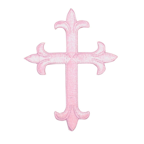 4" Cross - Light Pink - Fleur De Lis Religious - Iron on Embroidered Applique Patch