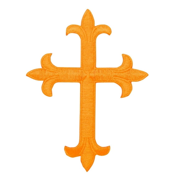 4" Cross - Neon Orange - Fleur De Lis - Religious - Iron On Applique/Embroidered Patch