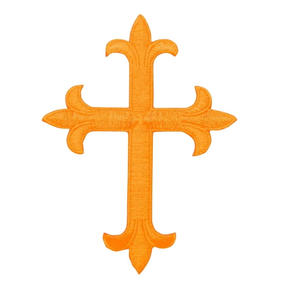 4" Cross - Neon Orange - Fleur De Lis - Religious - Iron On Applique/Embroidered Patch
