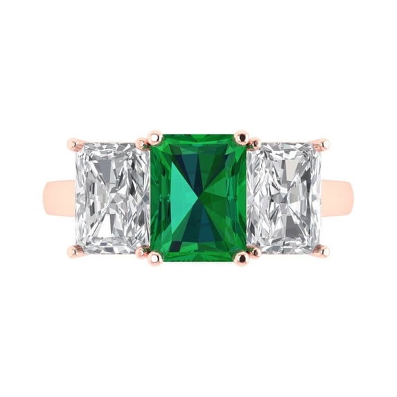 Three-Stone Engagement Ring for Women - 4ct Simulated Emerald in 14K Rose Gold Promise Ring
