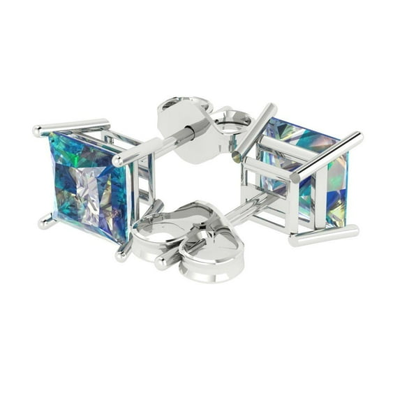 4 Ct Princess Cut Studs Blue Moissanite 18K White Solid Solid Gold Everyday Dainty Earrings Push Back