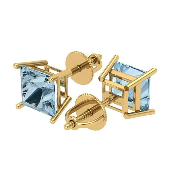 4 Ct Princess Cut Studs Blue Natural Aquamarine 18K Yellow Solid Solid Gold Everyday Dainty Earrings Screw Back