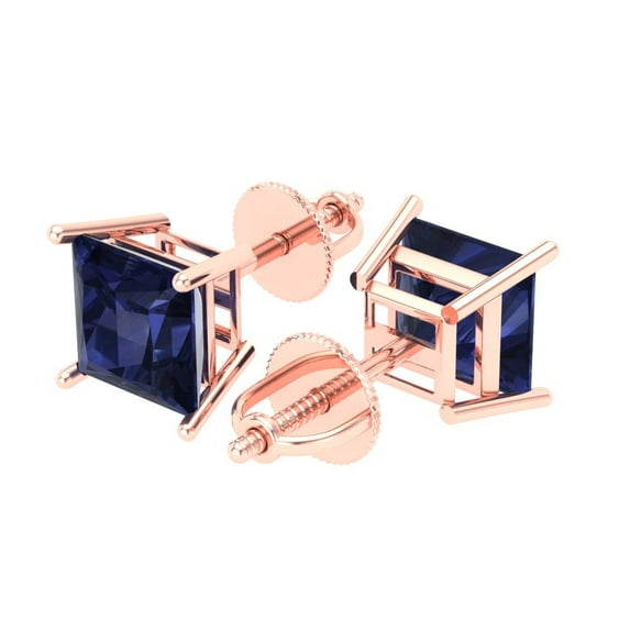 4 Ct Princess Cut Studs Blue Sapphire 14K Rose Solid Solid Gold Everyday Dainty Earrings Screw Back