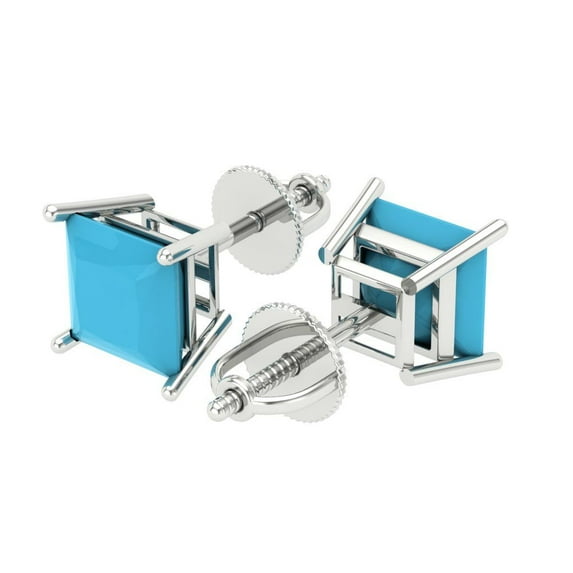 4 Ct Princess Cut Studs Blue Turquoise 14K White Solid Solid Gold Everyday Dainty Earrings Screw Back