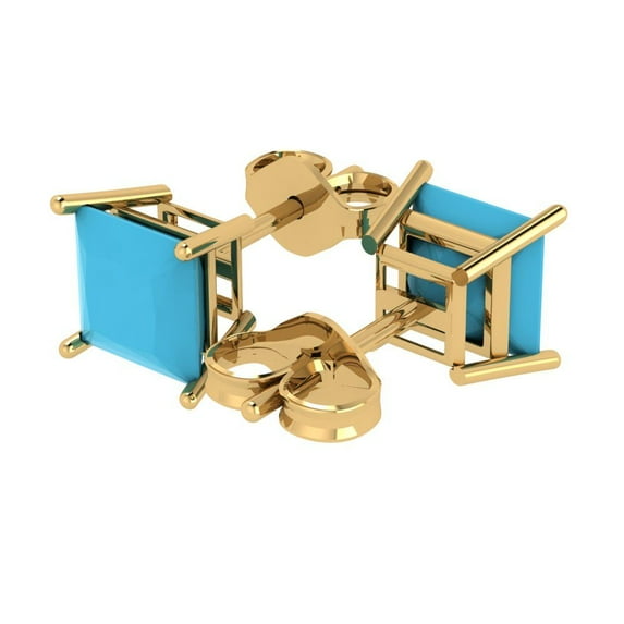 4 Ct Princess Cut Studs Blue Turquoise 14K Yellow Solid Solid Gold Everyday Dainty Earrings Push Back