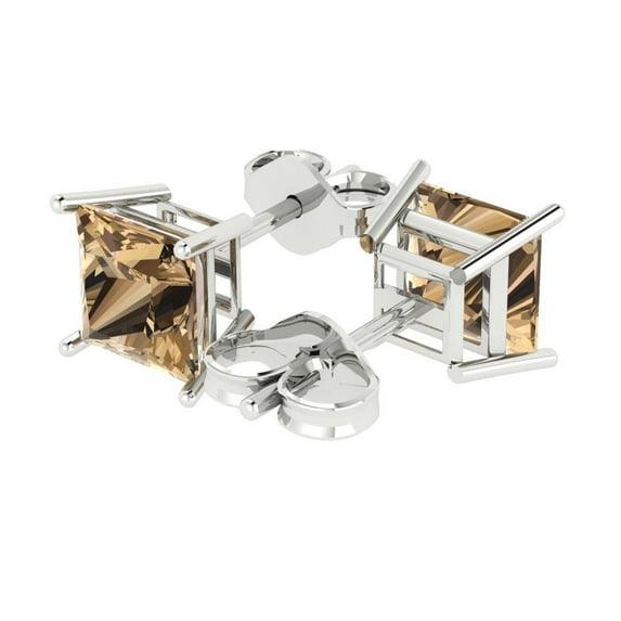 4 Ct Princess Cut Studs Champagne Crystal 18K White Solid Gold Everyday Dainty Earrings Push Back