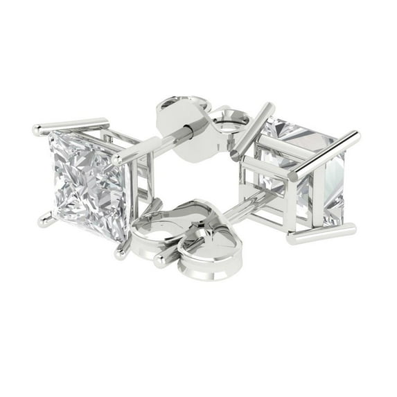 4 Ct Princess Cut Studs Clear Moissanite 14K White Solid Solid Gold Everyday Dainty Earrings Push Back