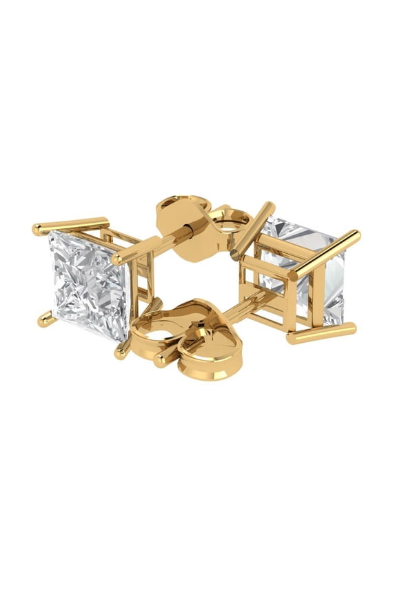 4 Ct Princess Cut Studs Clear Moissanite 14K Yellow Solid Solid Gold Everyday Dainty Earrings Push Back