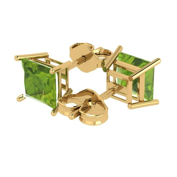 4 Ct Princess Cut Studs Green Natural Peridot 18K Yellow Solid Solid Gold Everyday Dainty Earrings Push Back