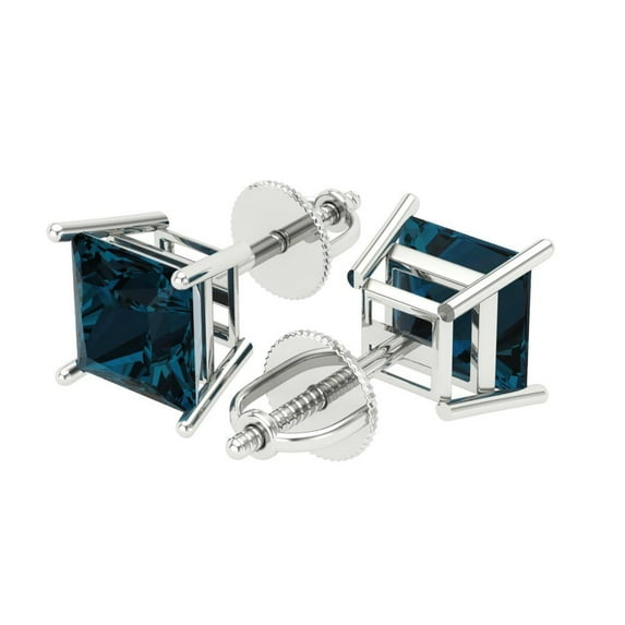 4 Ct Princess Cut Studs Natural London Blue Topaz 14K White Solid Solid Gold Everyday Dainty Earrings Screw Back