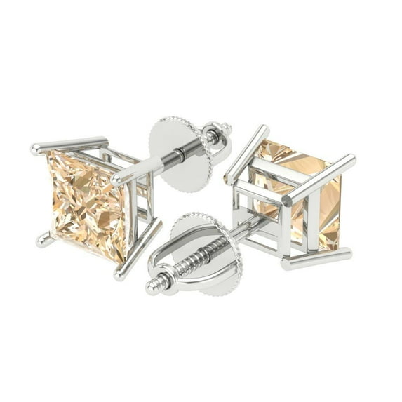 4 Ct Princess Cut Studs Natural Morganite 18K White Solid Solid Gold Everyday Dainty Earrings Screw Back