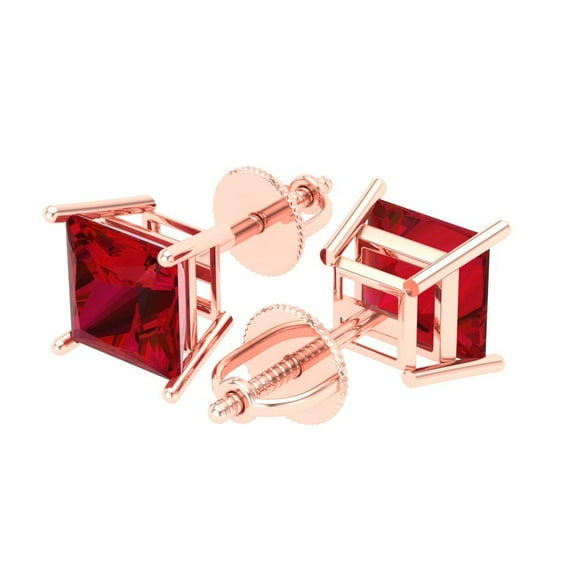 4 Ct Princess Cut Studs Pink Tourmaline 18K Rose Solid Solid Gold Everyday Dainty Earrings Screw Back