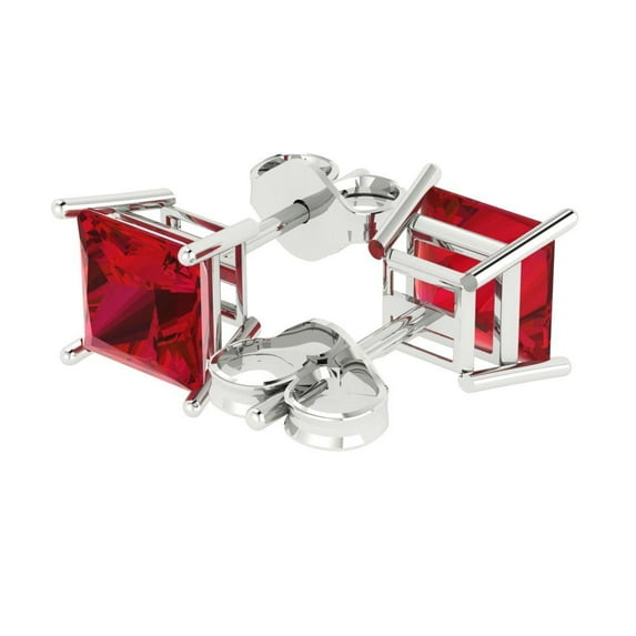 4 Ct Princess Cut Studs Red Ruby 14K White Solid Solid Gold Everyday Dainty Earrings Push Back