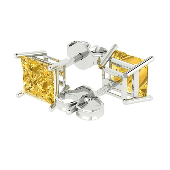 4 Ct Princess Cut Studs Yellow Natural Citrine 18K White Solid Solid Gold Everyday Dainty Earrings Push Back