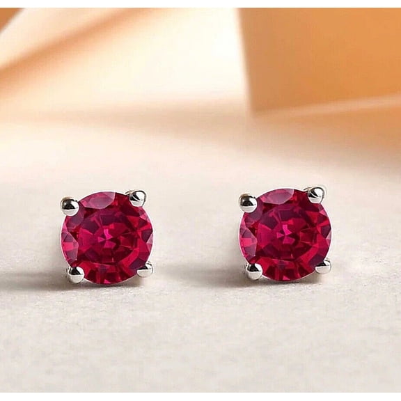 4 Ct Round Cut Lab Created Red Ruby Stud Earrings 14K White Gold Plated 7mm Push Back