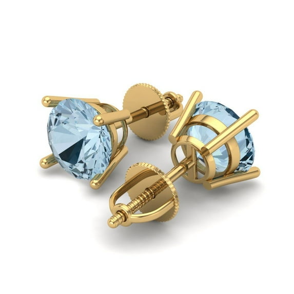 4 Ct Round Cut Studs Natural Swiss Blue Topaz 18K Yellow Solid Solid Gold Everyday Dainty Earrings Screw Back
