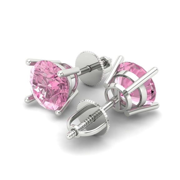 4 Ct Round Cut Studs Pink Crystal 18K White Solid Gold Everyday Dainty Earrings Screw Back