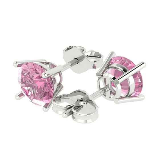4 Ct Round Cut Studs Pink Crystal 18K White Solid Gold Everyday Dainty Earrings Push Back