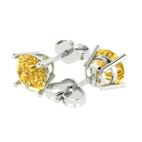 4 Ct Round Cut Studs Yellow Natural Citrine 14K White Solid Solid Gold Everyday Dainty Earrings Push Back
