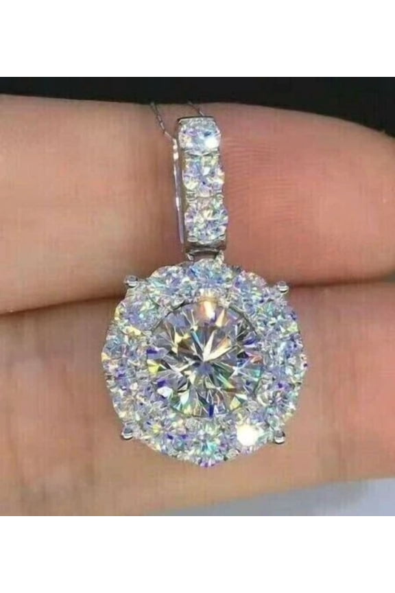 4 Ct Round Cut VVS! Moissanite Halo Pendant 18" Free Chain 14k White Gold Plated