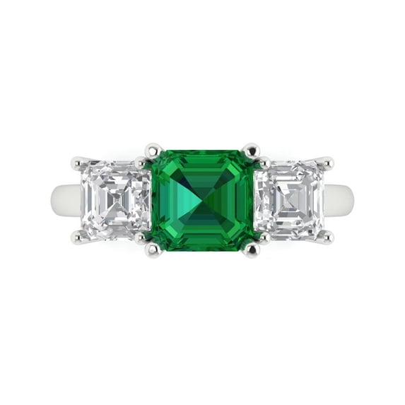 Three-Stone Engagement Ring for Women - 4ct Simulated Emerald in 14K White Gold Promise Ring