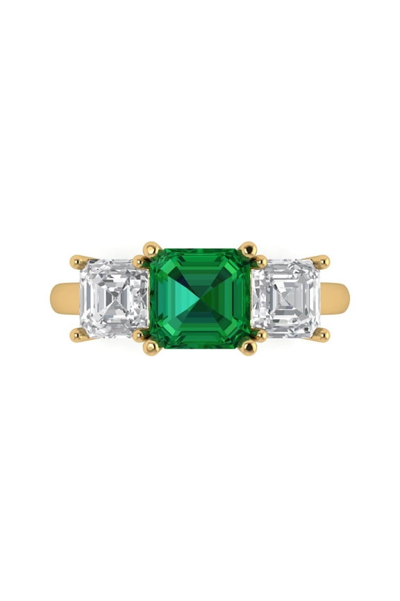 Three-Stone Engagement Ring for Women - 4ct Simulated Emerald in 14K Yellow Gold Promise Ring