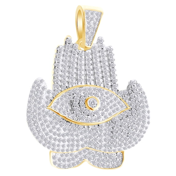 AFFY 4 Cttw Round Cut White Natural Diamond Hip Hop Jewelry Praye Hand Evil Eye Pendant In 14k Solid Yellow Gold