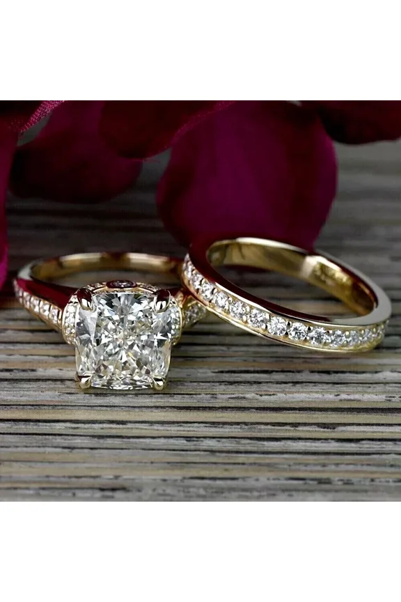 4 Ctw Cushion Cut VVS1 Moissanite Bridal Set Wedding Ring 14K Yellow Gold Plated