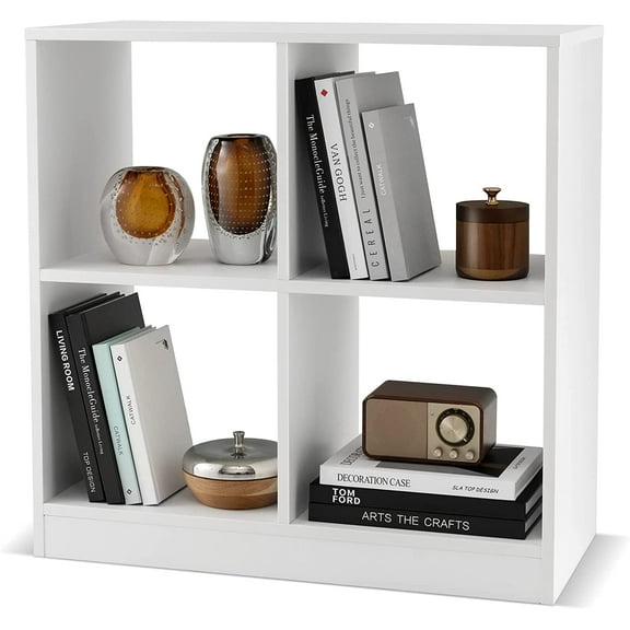 4-Cube Bookcase White - 2-Tier Freestanding Open Bookshelf with Anti-Toppling Device, Wooden Decorative Storage Organizer, Modern Floor Display Shelf for Kid's Room Study Bedroom Living Room