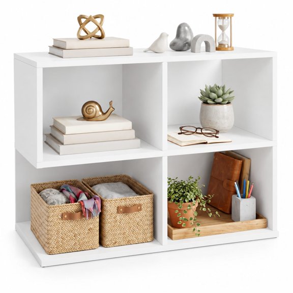 4-Cube Bookshelf, 17'' Contemporary S-Shaped End Table with Storage, Wooden Cube Organizer, Small Bookcase for Living Room Bedroom Home Office Dorm, White