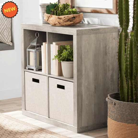 4 Cube Display Stand Organizer Rustic Gray Cubby Shelves Bookcase Vinyl Storage