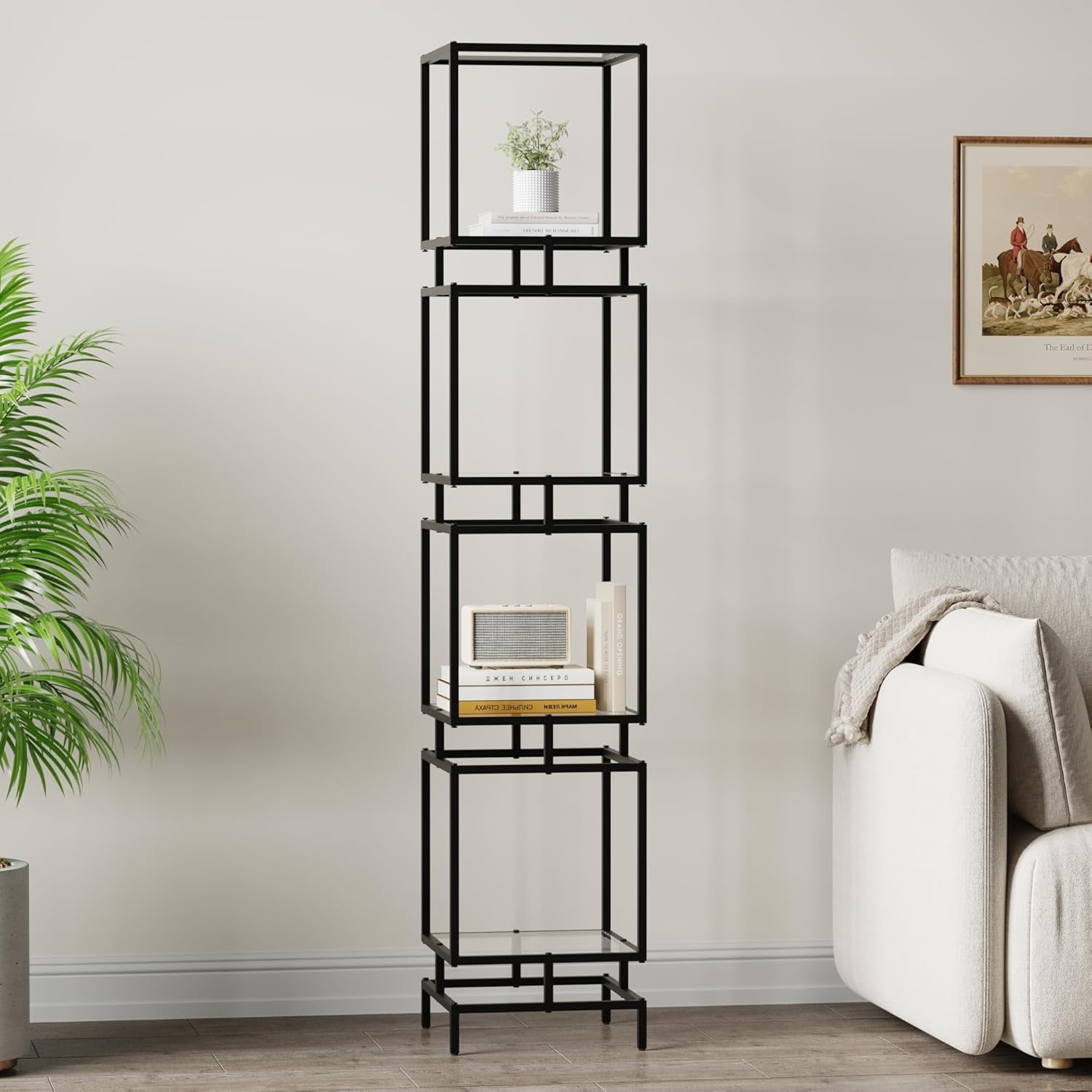 4 Cube Glass Shelf, 4-Tier Bookshelf, Display Shelf Rack, Metal Storage ...