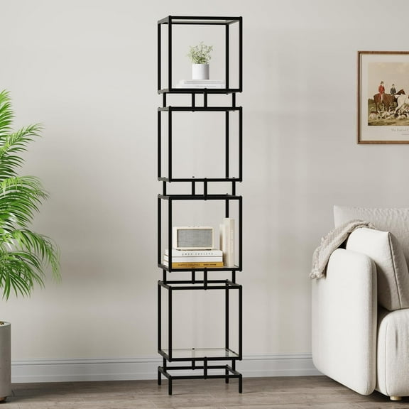 4 Cube Glass Shelf, 4-Tier Bookshelf, Display Shelf Rack, Metal Storage Rack with Tempered Glass, Modern Style for Living Room, Bathroom, Kitchen, Black