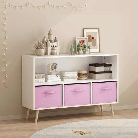 4 Cube Kids Bookcase & Toy Storage Organizer with 3 Fabric Drawers for Playroom Storage,Pink