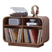 4 Cube Record Player Stand with Charging Station, Large Vinyl Storage Cabinet Holds 300+ Records, Display Shelf for Turntable, Stereo & Books, Wooden Base, Waln