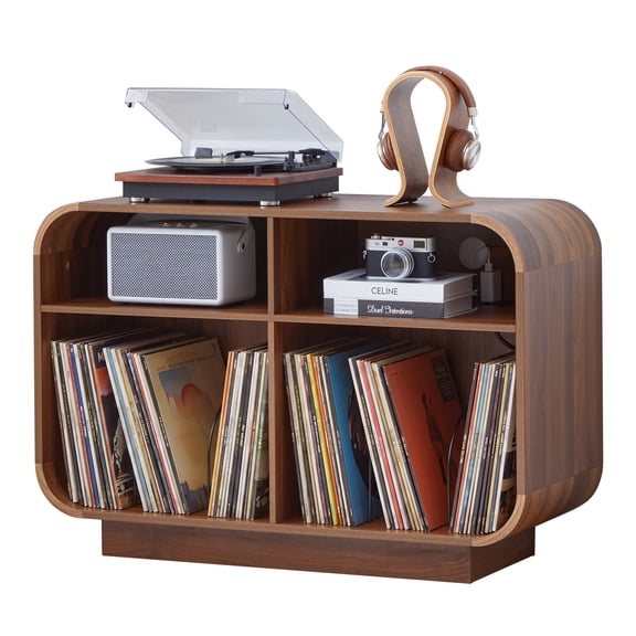 4 Cube Record Player Stand with Charging Station, Large Vinyl Storage Cabinet Holds 300+ Records, Display Shelf for Turntable, Stereo & Books, Wooden Base, Walnut