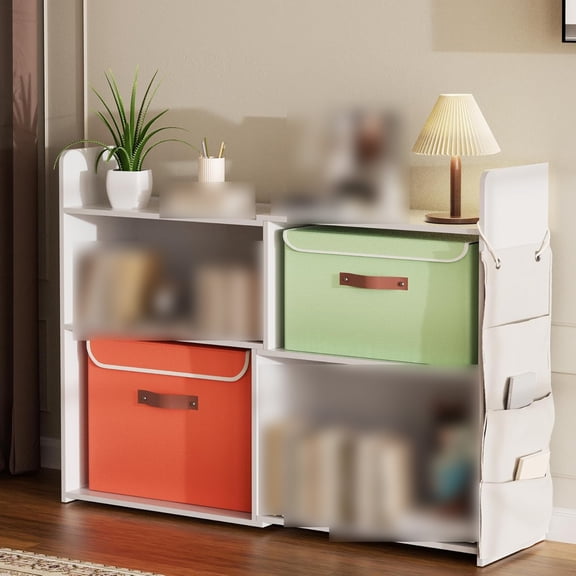 4 Cube Storage Organizer, 32 Inch Wooden Extendable Bookcase with 2 Storage Cabinets and Side Pockets, Open DIY Shelf for Living Room, Bedroom, Home Office, White
