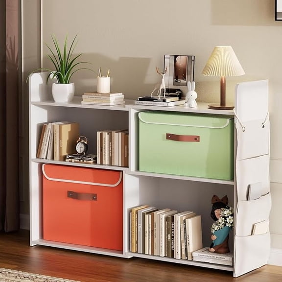 4 Cube Storage Organizer, 32" Wooden Extendable Bookshelf, DIY Bookcase with 2 Storage Cabinets & Side Pockets, Open Cube Shelf for Home Office