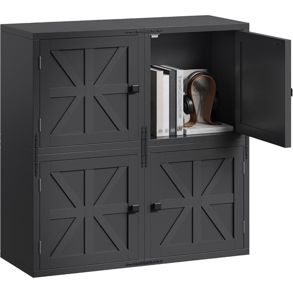 4 Cube Storage Organizer, DIY Bookcase with Doors, Stackable Cube Shelf with Anti-Tip Design, Modular Cubby for Bedroom, Dorm, Office,Living Room, 30" W x 11.81" D x 30" H, Black