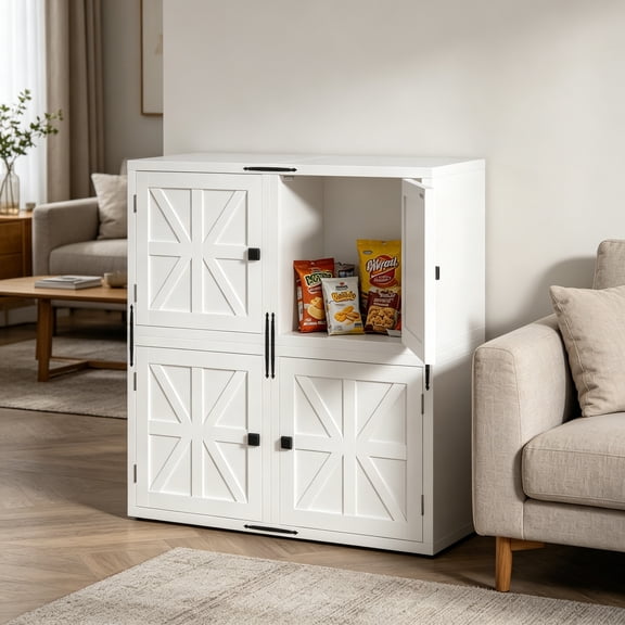 4 Cube Storage Organizer, DIY Bookcase with Doors, Stackable Cube Shelf, Modular Cubby for Bedroom, Dorm, Office, Living Room, 30" W x 11.81" D x 30" H, White