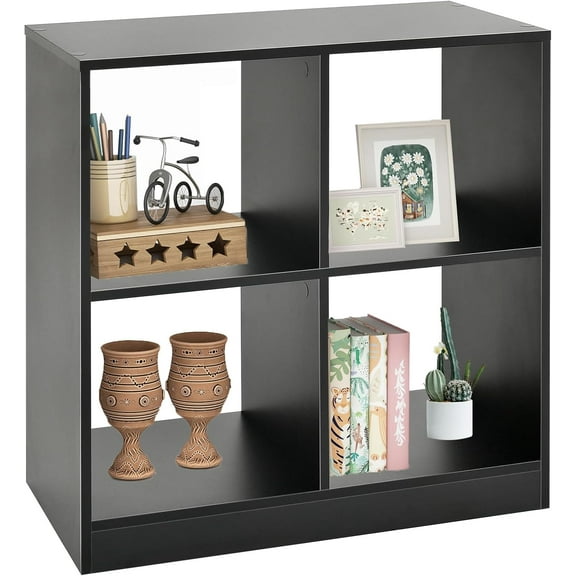 4 Cube Storage Organizer, Open Bookcase with Base, 2 Tier Small Bookshelf for Small Spaces, Wooden Display Shelf for Living Room, Bedroom, Study (Black, 4 Cube)
